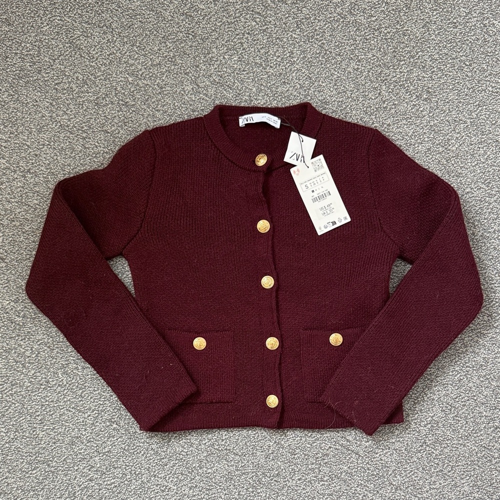 Zara Maroon Knit Cardigan with Gold Accents